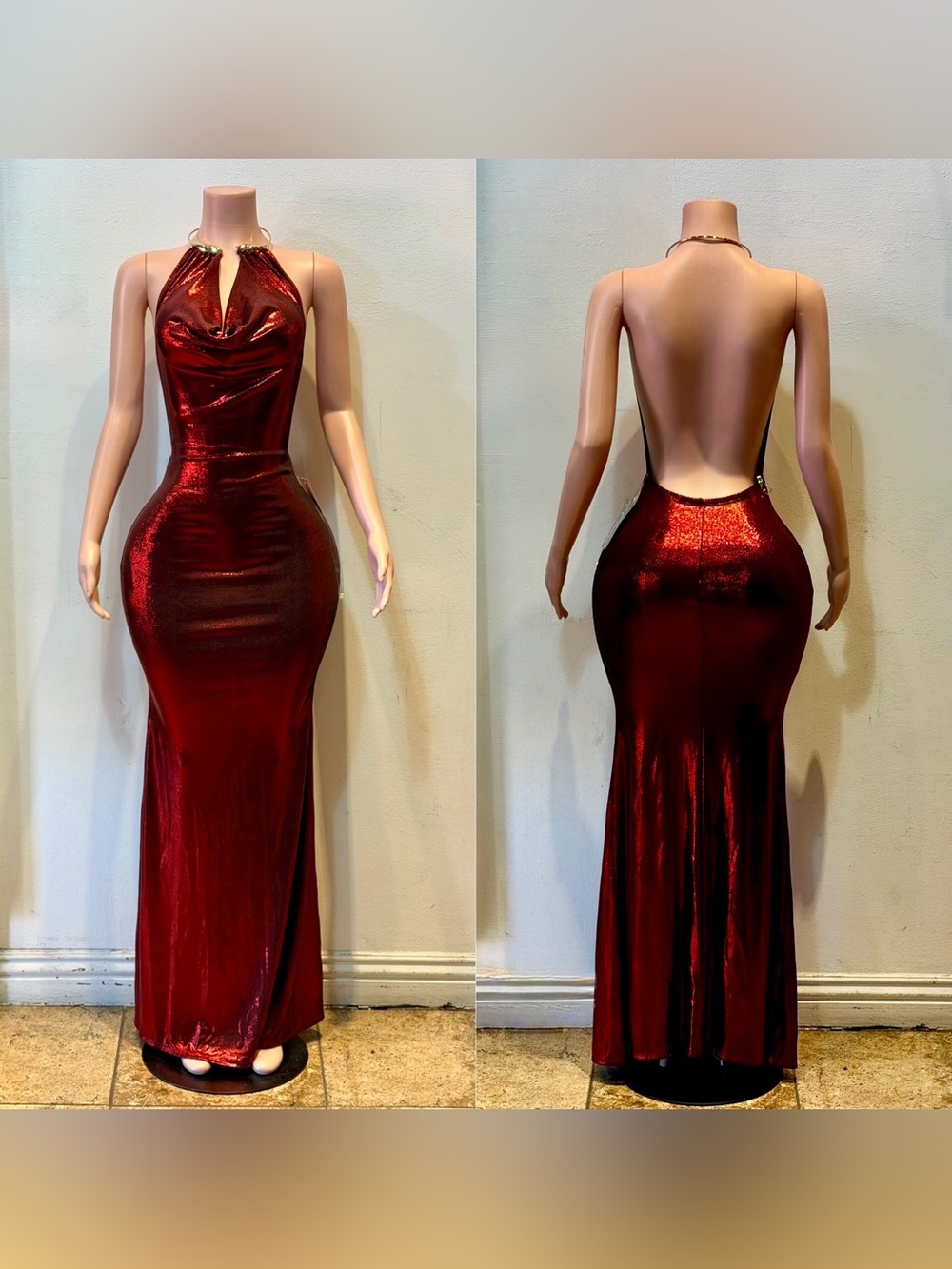 Red Metallic Halter-Back Evening Gown